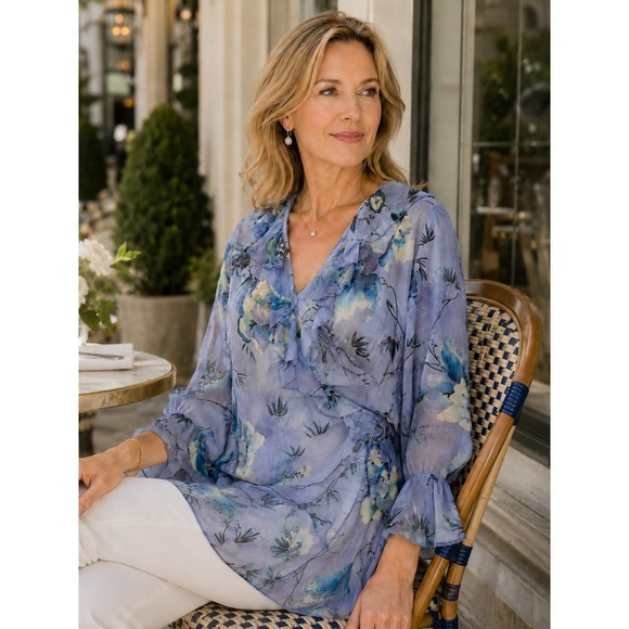 Midnight Velvet Tops - Midnight Velvet 100% Silk Ruffle Wrap Blouse Blue Floral Sheer Top Plus Size 18W